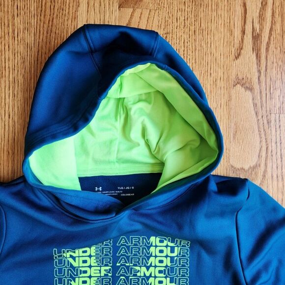 UNDER ARMOUR Performance Hoodie | Boy's Size Large | Blue and Neon Green - Picture 5 of 8